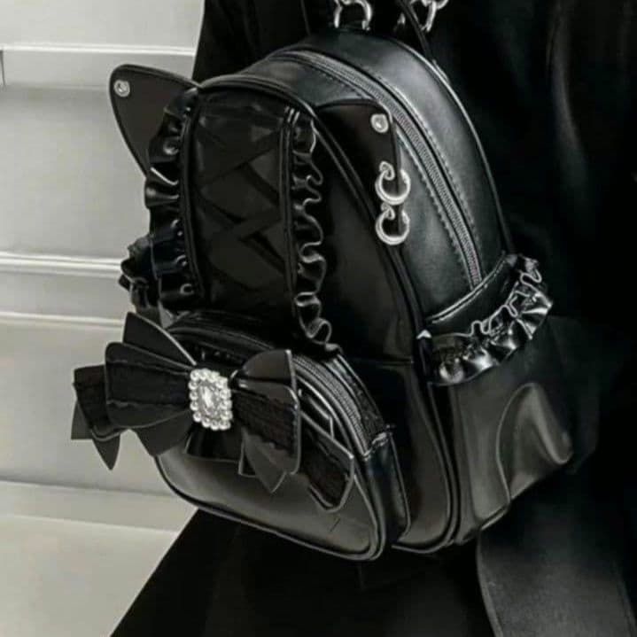 新品未使用】ネコ耳 リュック レザー ブラック 量産型 地雷系 リボン①