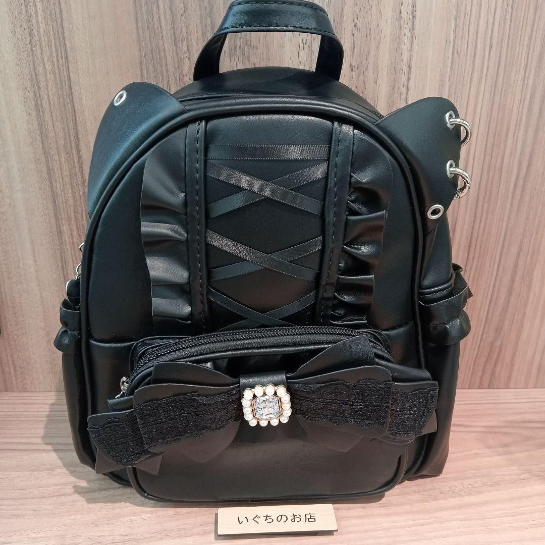 新品未使用】ネコ耳 リュック レザー ブラック 量産型 地雷系 リボン①