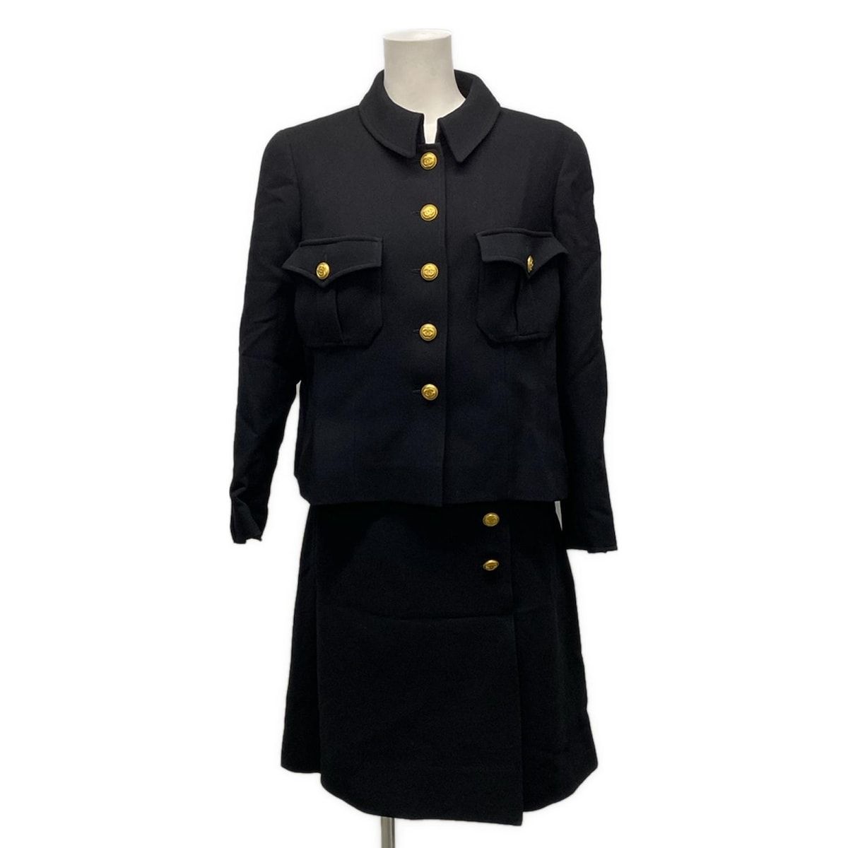 CHANEL シャネル スカートセットアップ サイズ44 L レディース - 黒×ゴールド 金ボタン セットアップ ウール