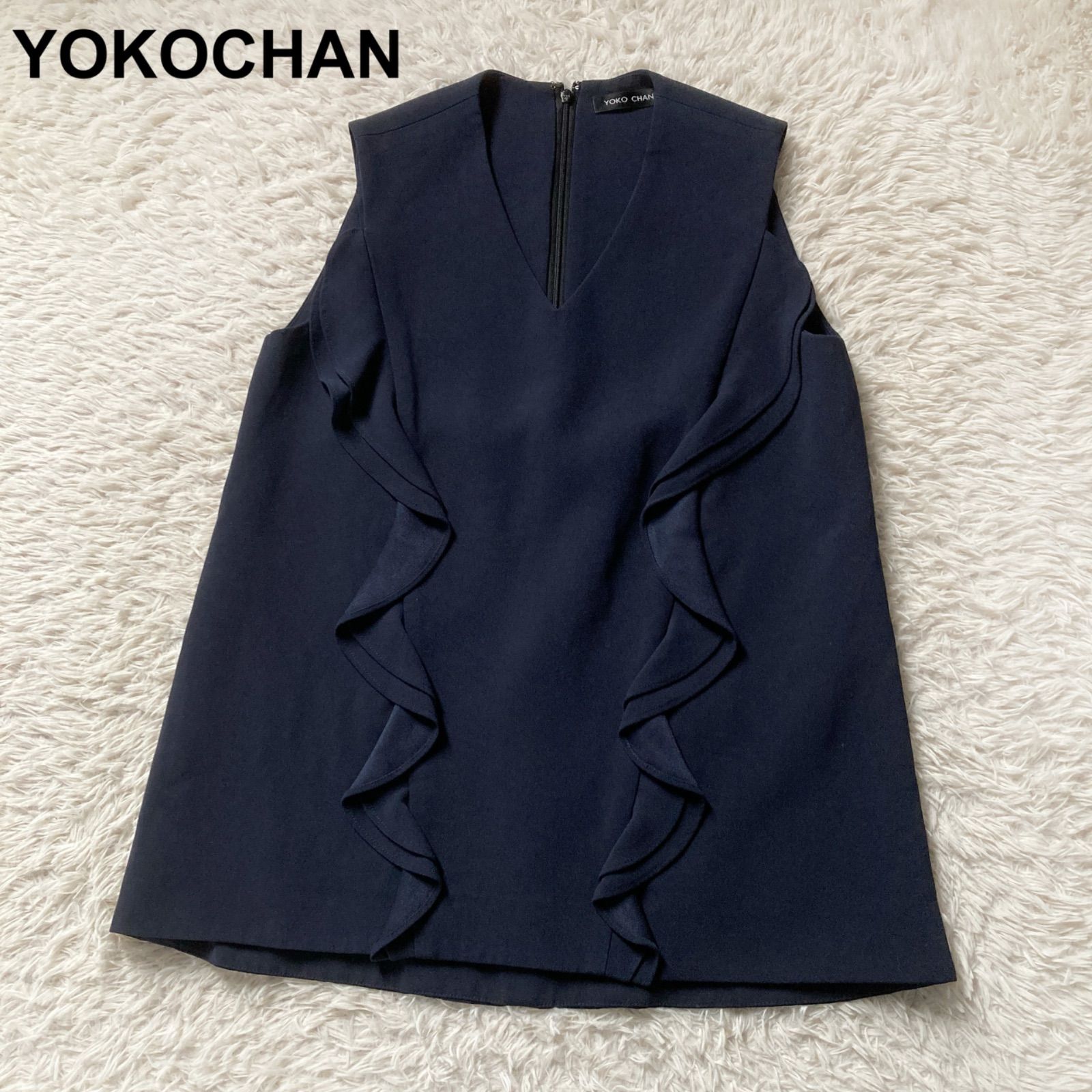 YOKO CHAN ヨーコチャン ラッフル フリル ノースリーブ ブラウス 濃紺 ネイビー レディース S アセテート フォーマル お受験 通勤