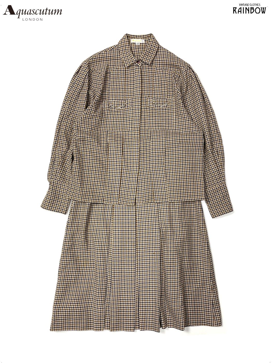 古着 Aquascutum アクアスキュータム 前開き チェック柄 ピュアウール100％ 膝丈 長袖 プリーツ セットアップ ベージュ 紺 otu 2510025