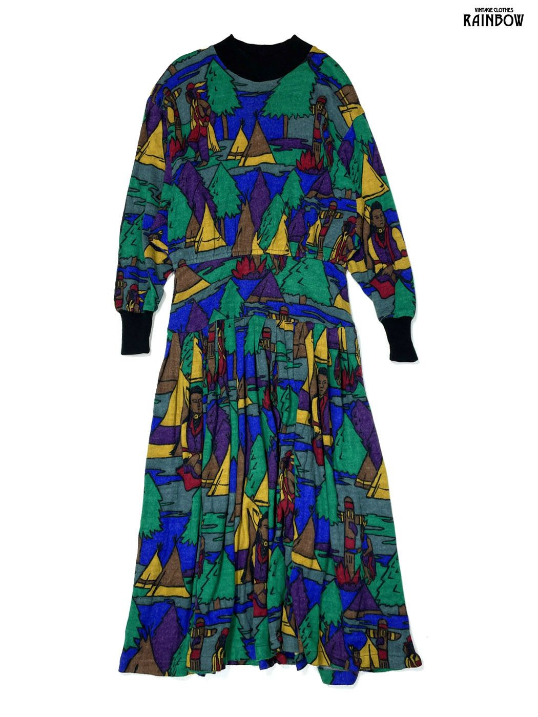 古着 Sue Wong アメリカ製 TALONジップ 総柄 メリノウール100％ ロング丈 長袖 ワンピース ダークグリーン otu 2510029
