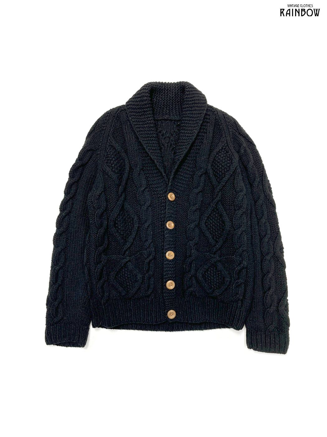 古着 ケーブルニット 前開き 無地 長袖 カーディガン 黒 ttu 2511064