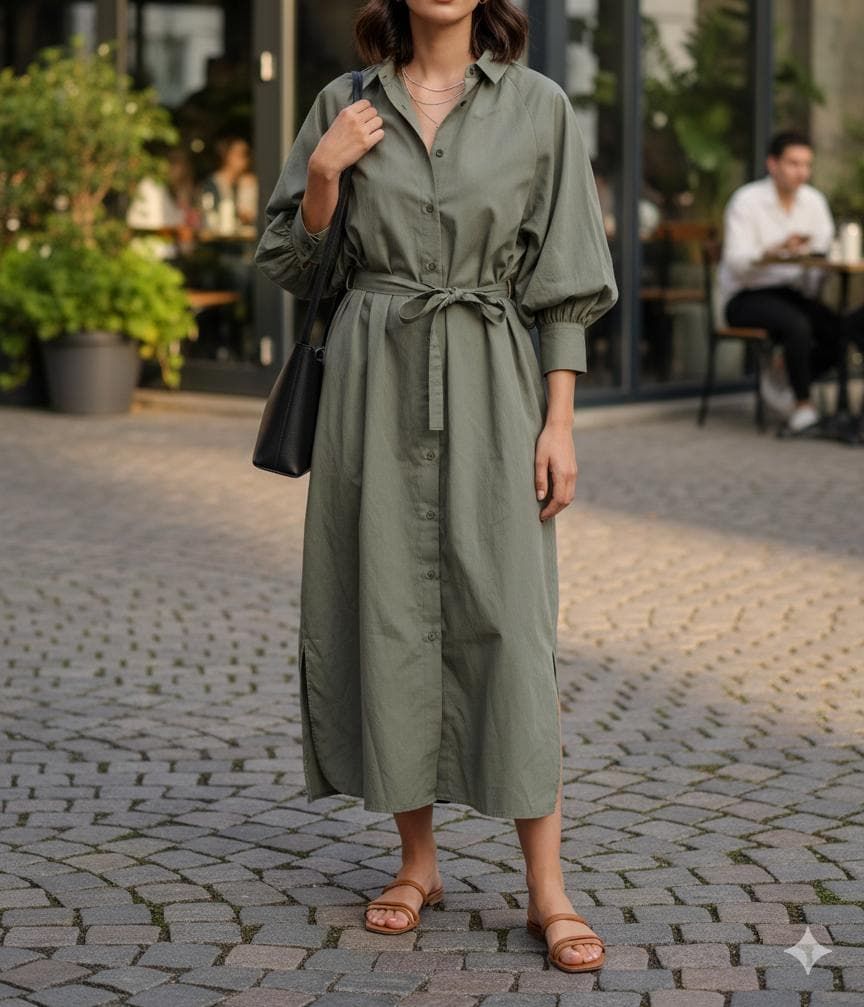 INED イネド コットン ロングシャツワンピース カーキ