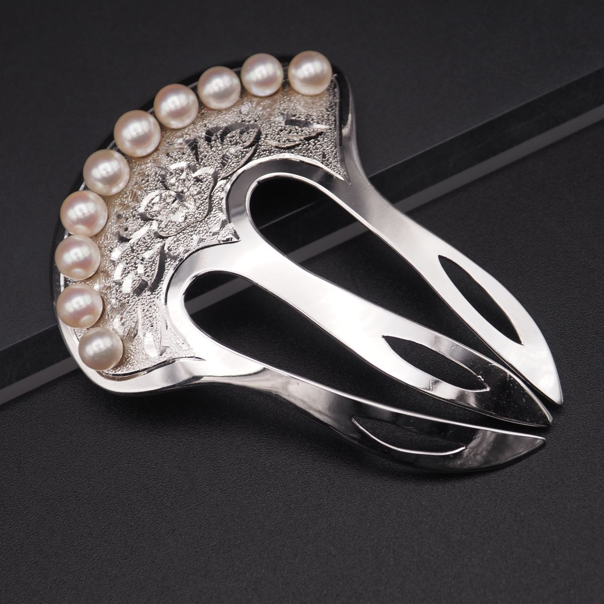 H 314 本真珠 6.1ｍｍ10珠 パール 銀九三〇刻印 かんざし 簪 花彫刻 髪飾り 和装小物 シルバー 930 アンティーク 誕生石