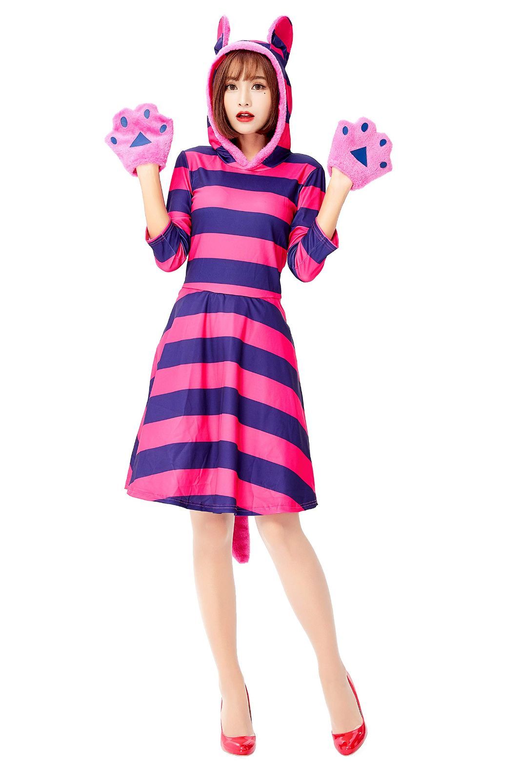 【人気商品】しっぽ付 猫耳 童? かわいい キャラクター レディース 大きいサイズ 大人 紫色の縞ネコ 猫 衣装イベント 動物 パーティー コスプレ 舞台服 チェシャ猫 演出用 仮装 学園祭 ハロウィン 文化祭 [JUNDOMECY] (S)