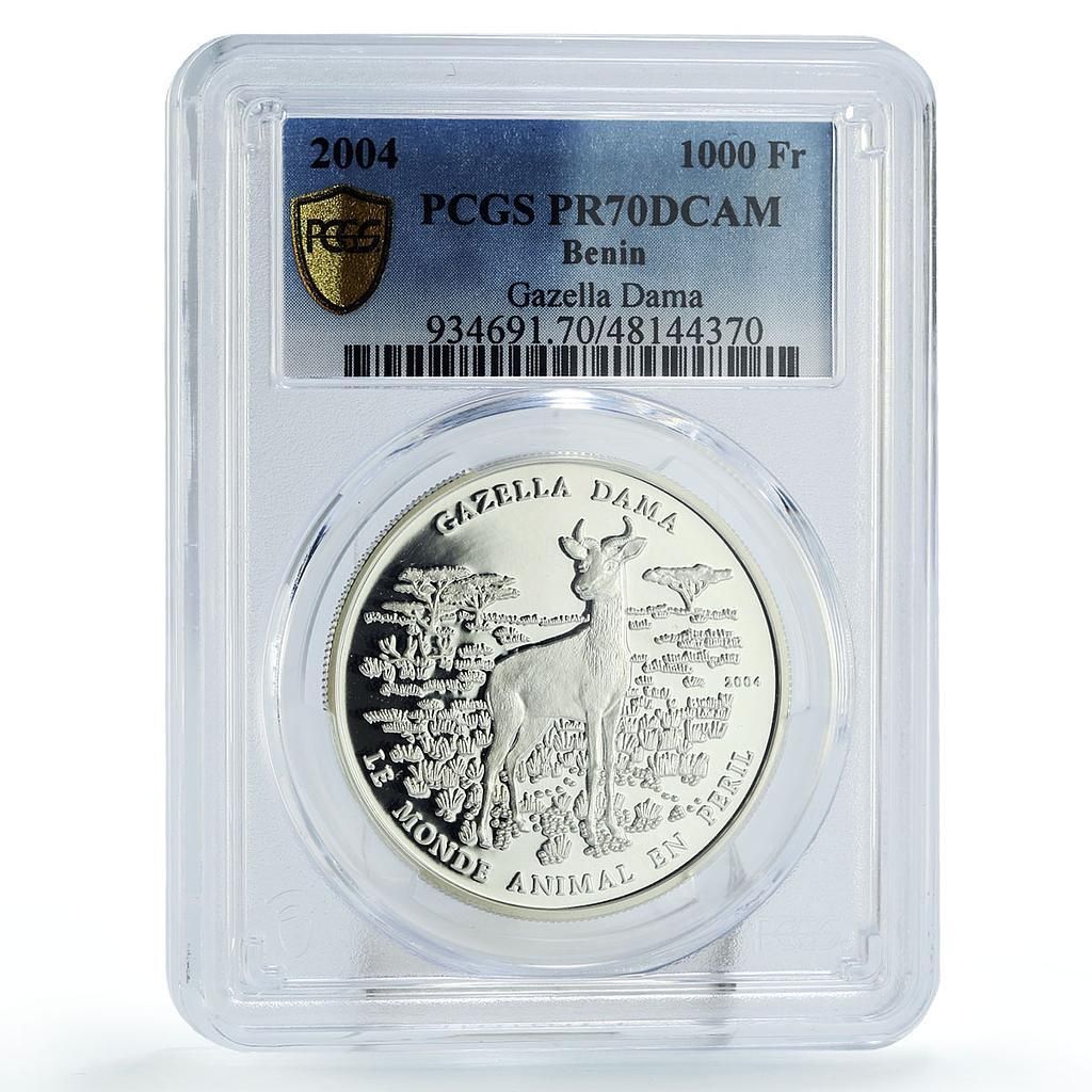 ベナン 1000フラン 保護野生生物 ガゼル 動物相 PR 70 PCGS 銀貨 2004年