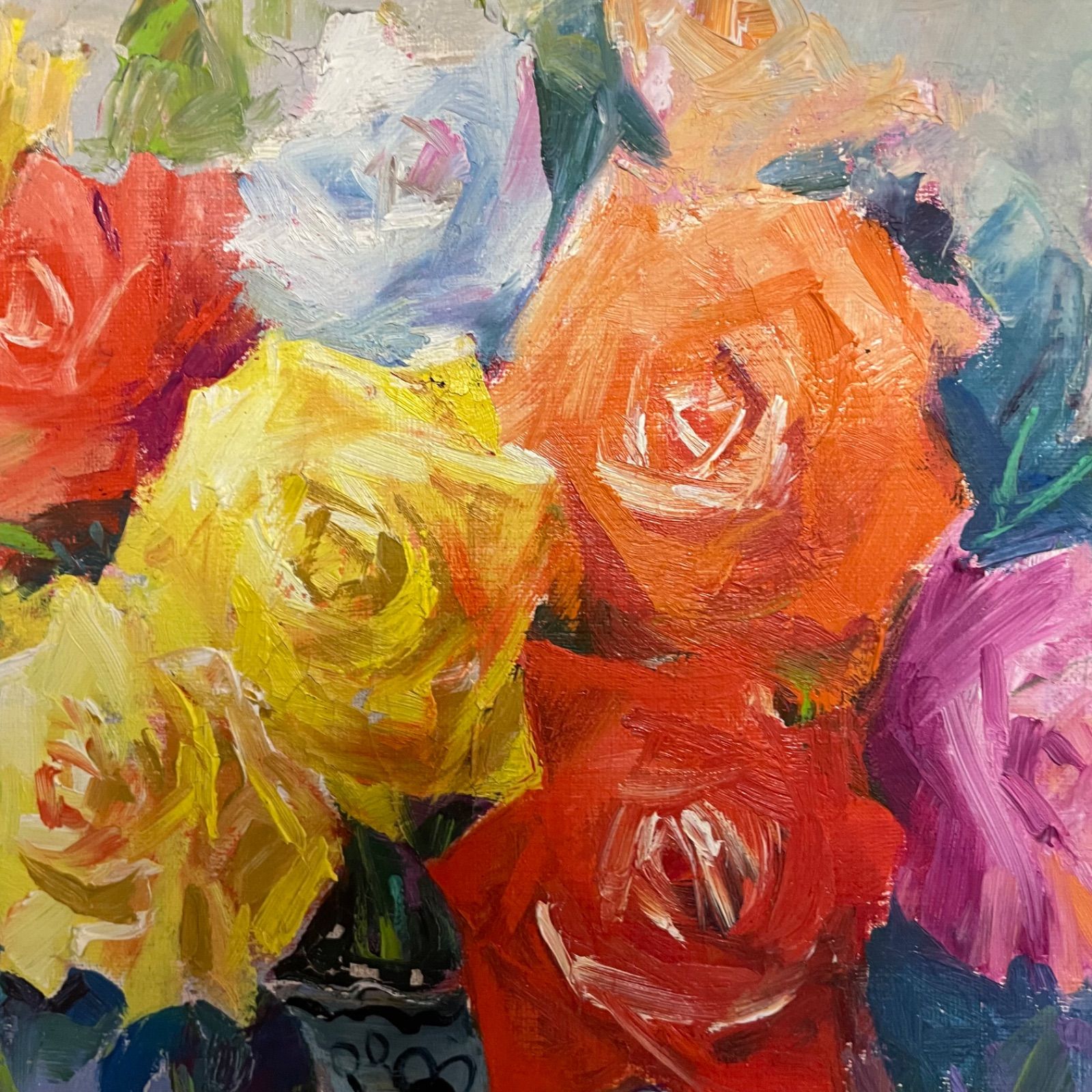 ♭ 絵画 バラ 花瓶 サイン入り インテリア 美術 静物画 ゴールド