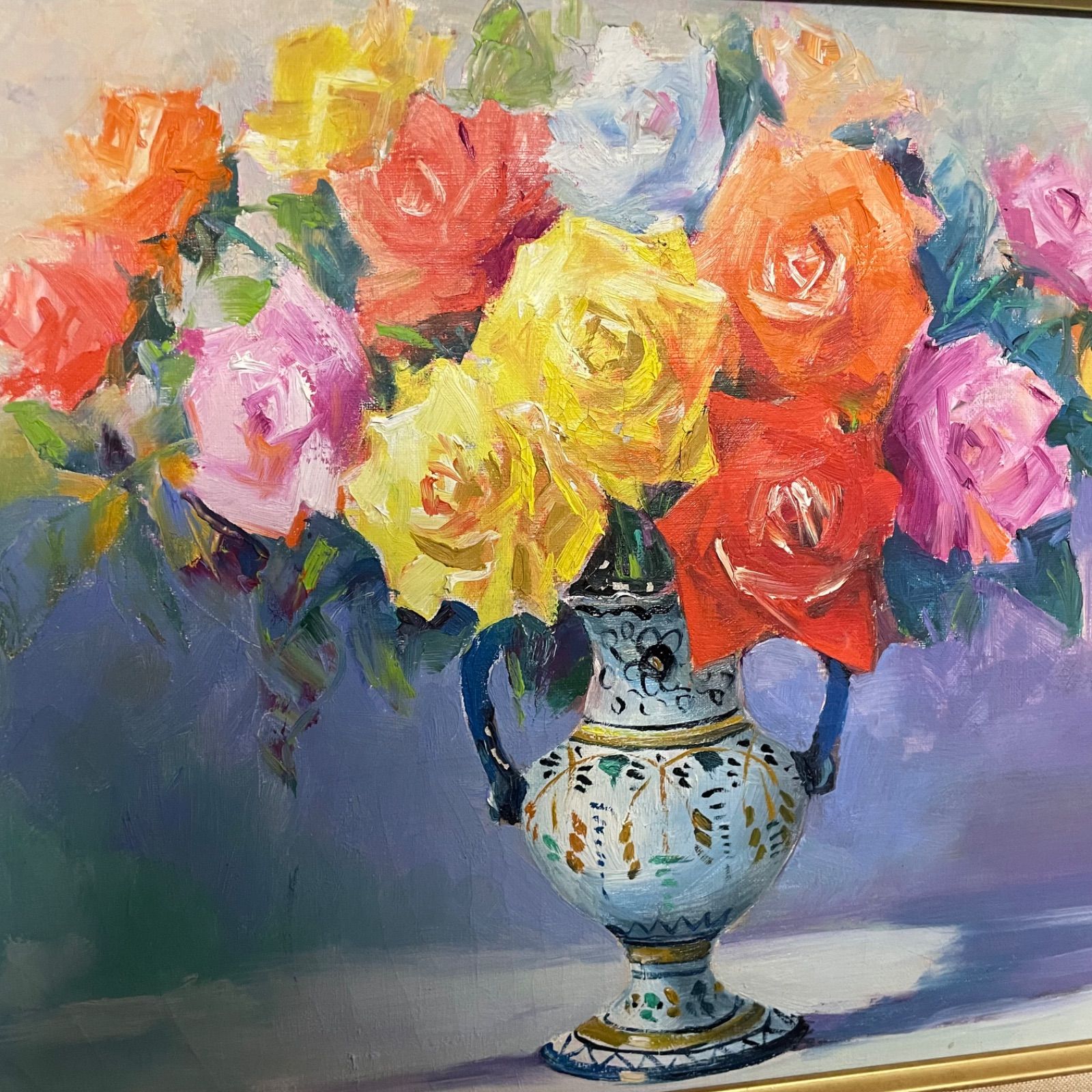 ♭ 絵画 バラ 花瓶 サイン入り インテリア 美術 静物画 ゴールド