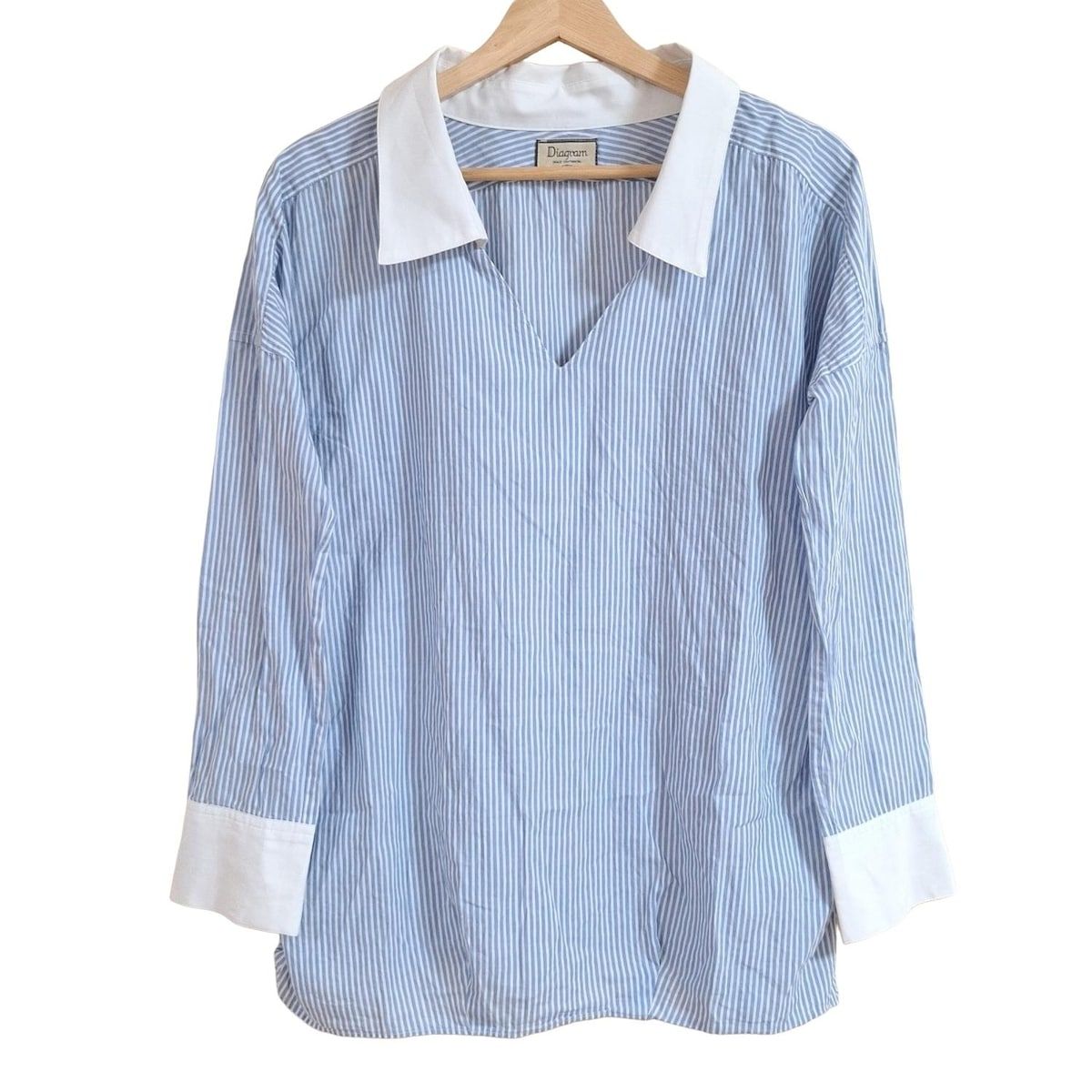 Diagram GRACE ダイアグラム 長袖シャツブラウス サイズ36 S レディース ブルー 白 ストライプ プルオーバー