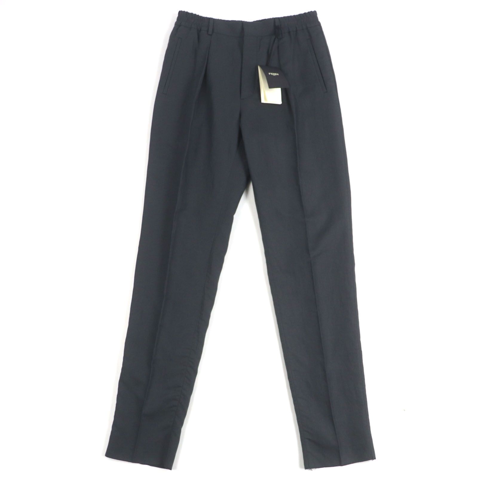 未使用品▼FENDI フェンディ 2021年製 FB0767 リネン混 ロゴ刺繍入り パンツ スラックス ダークグレー 48 イタリア製 正規品　メンズ 未使用品▽FENDI フェンディ 2021年製 FB0767 リネン混 ロゴ刺繍入り