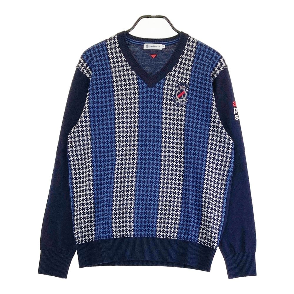 サイズ M AND PER SE アンパスィ ウール混 Vネック ニットセーター 総柄 ネイビー系 ゴルフウェア メンズ ストスト