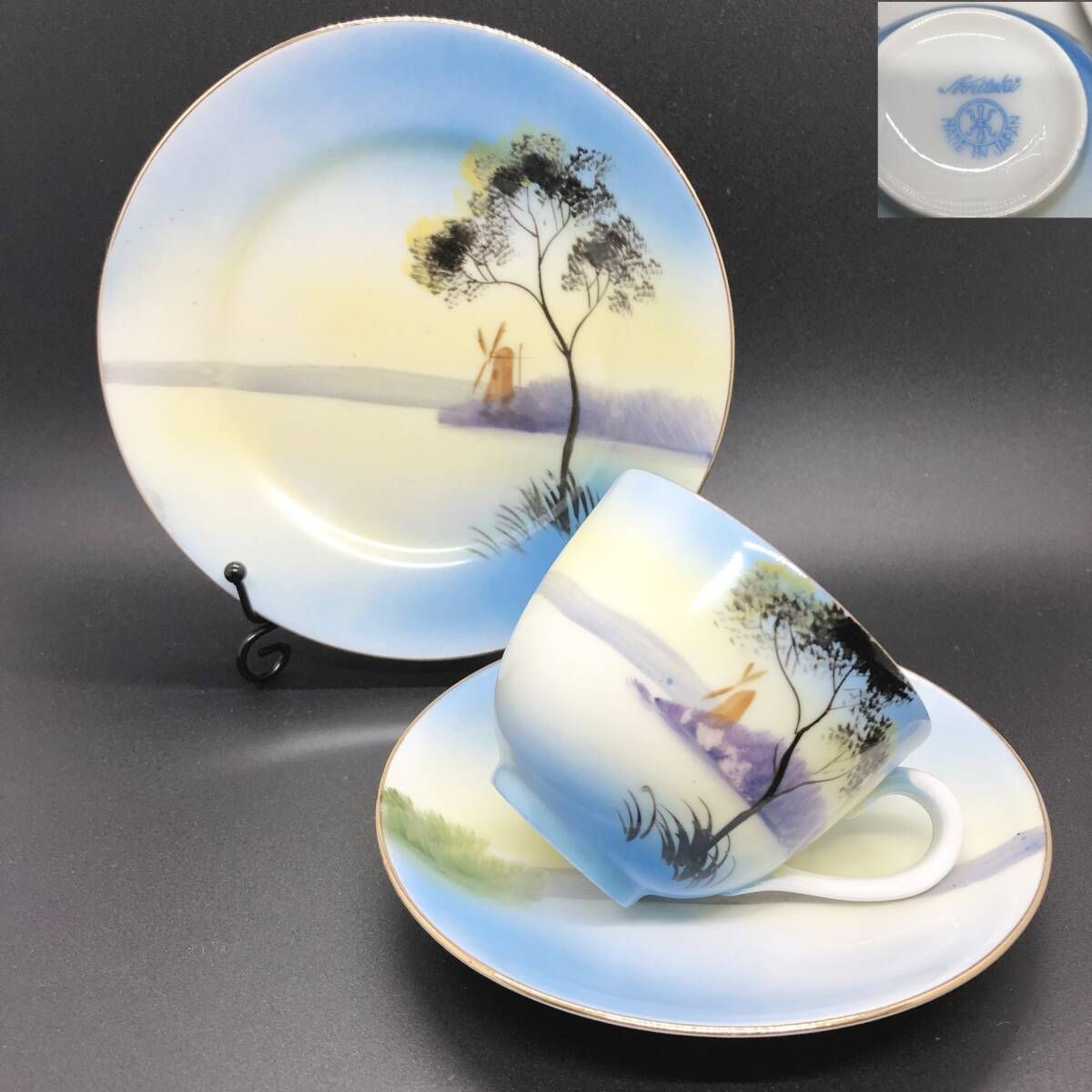 オールドノリタケ 金彩湖畔風景図　六角形ヘキサゴン　キャビネットカップ＆ソーサー オールドノリタケ 金彩 風車湖畔風景図 キャビネットトリオ マルキ印