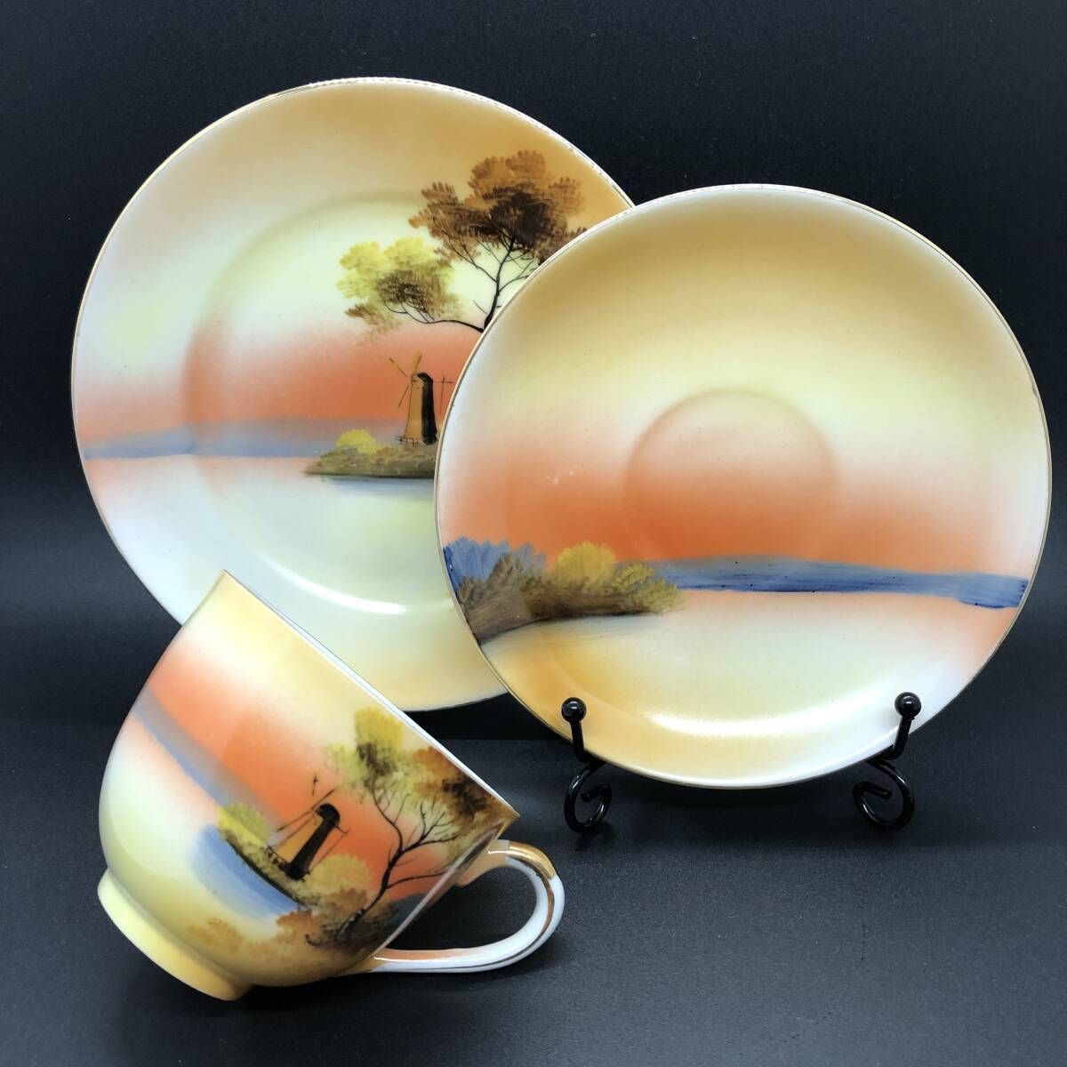 オールドノリタケ 夕暮 湖畔風景 キャビネットトリオ マルキ印 芸術的