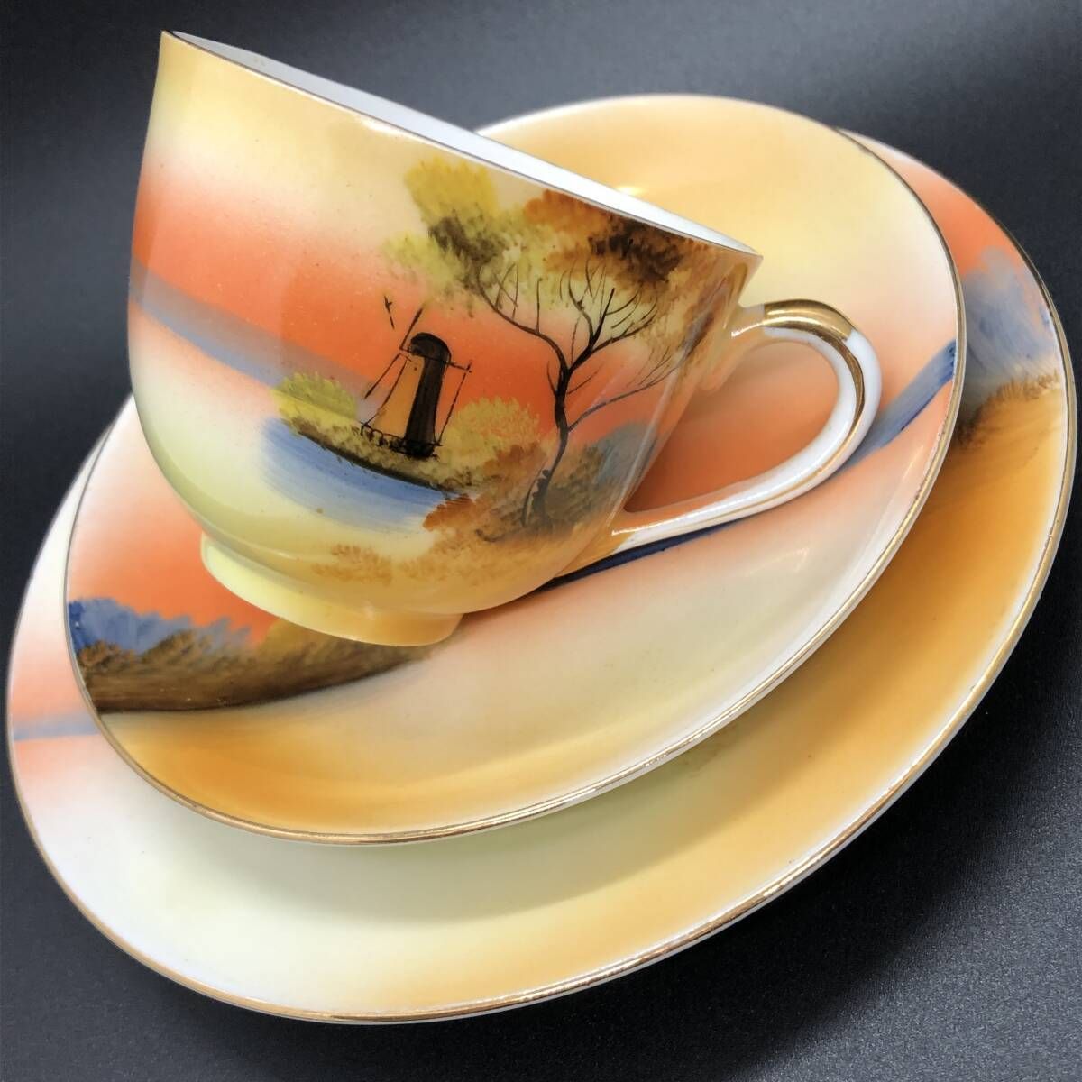 オールドノリタケ 夕暮 湖畔風景 キャビネットトリオ マルキ印 芸術的