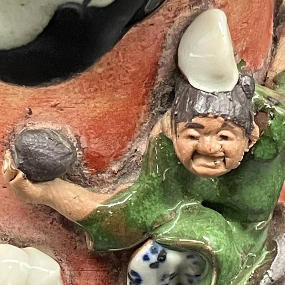 明治期 隅田焼 井上良斎 高浮彫人物図 水差し 花瓶 大日本 貝を掲げる