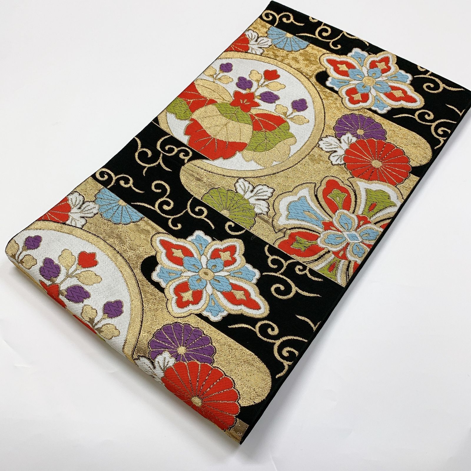 6083］袋帯 桐花吉祥文様 刺繍 六通 未仕立て 正絹 着物 フォーマル 黒