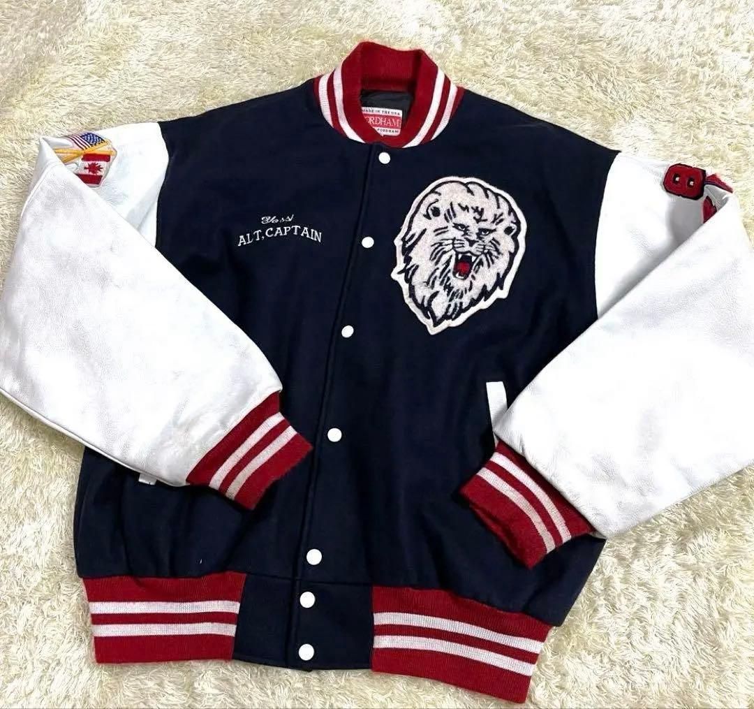 古着 Fordham ボタン スタジャン 袖レザー ウール 黒 刺繍 メンズXLサイズ ホッケー