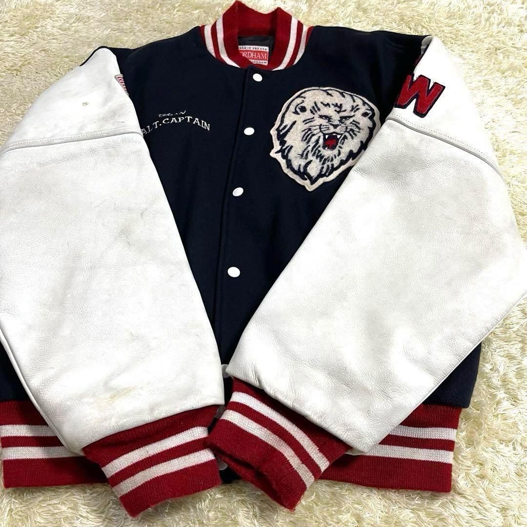 USA製古着 Fordham ボタン スタジャン 袖レザー ウール 黒 刺繍 メンズ