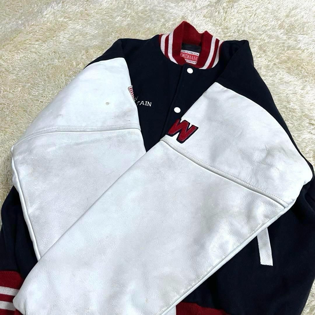 USA製古着 Fordham ボタン スタジャン 袖レザー ウール 黒 刺繍 メンズ