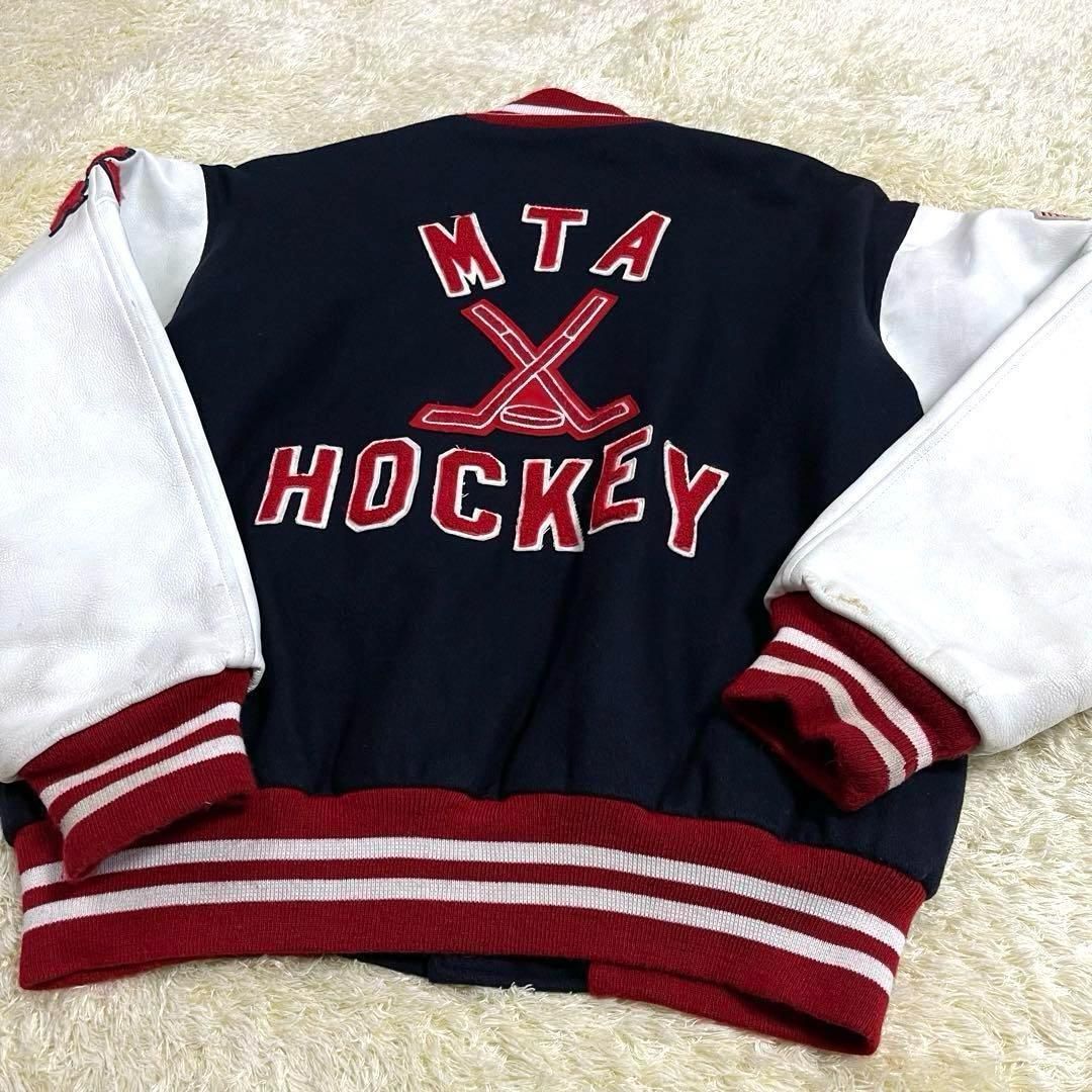 USA製古着 Fordham ボタン スタジャン 袖レザー ウール 黒 刺繍 メンズ