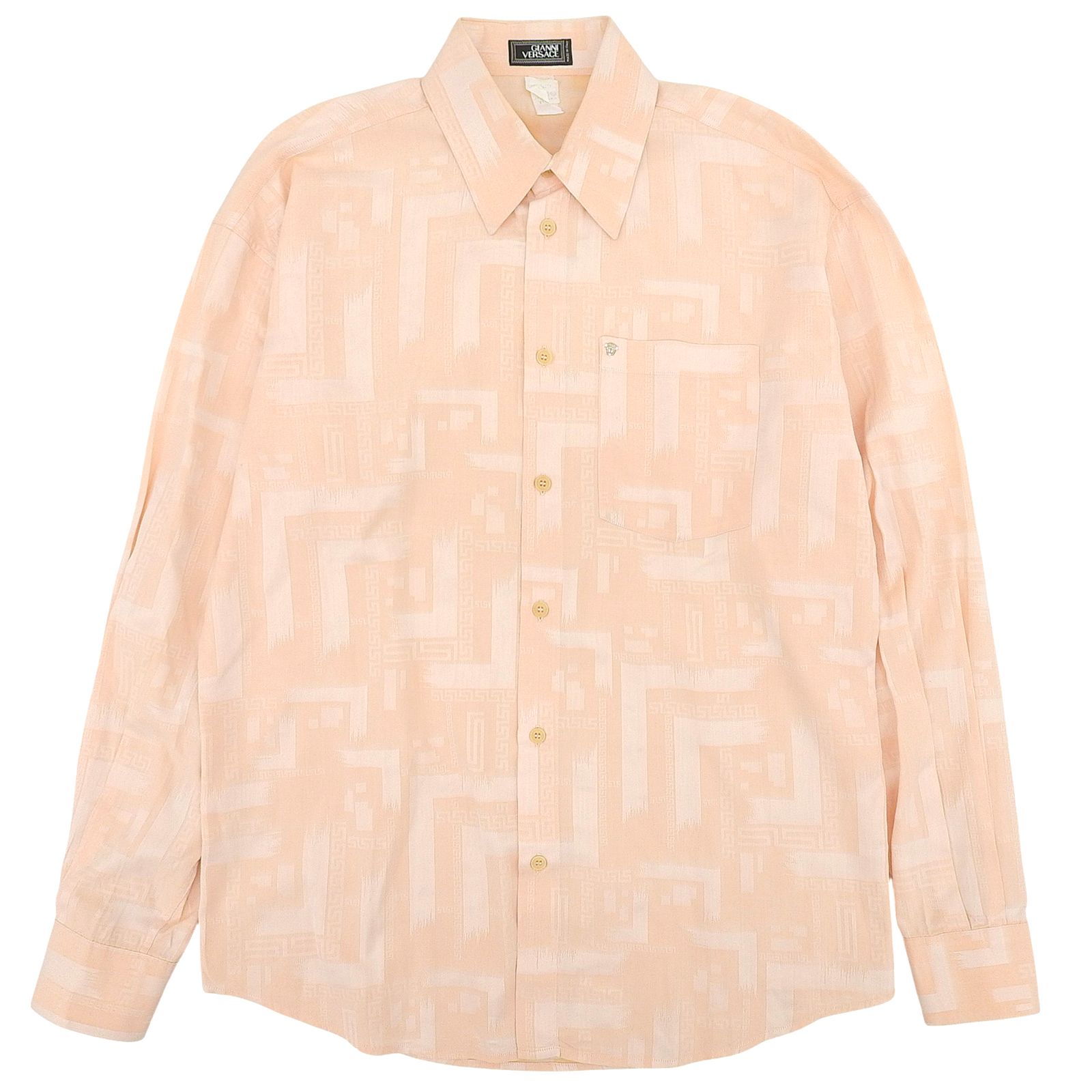 美品▲Gianni Versace ジャンニヴェルサーチ コットン100％ ヴィンテージ 総柄 メデューサ金具 長袖シャツ ピンク 48 正規品 メンズ 美品△Gianni Versace ジャンニヴェルサーチ コットン100