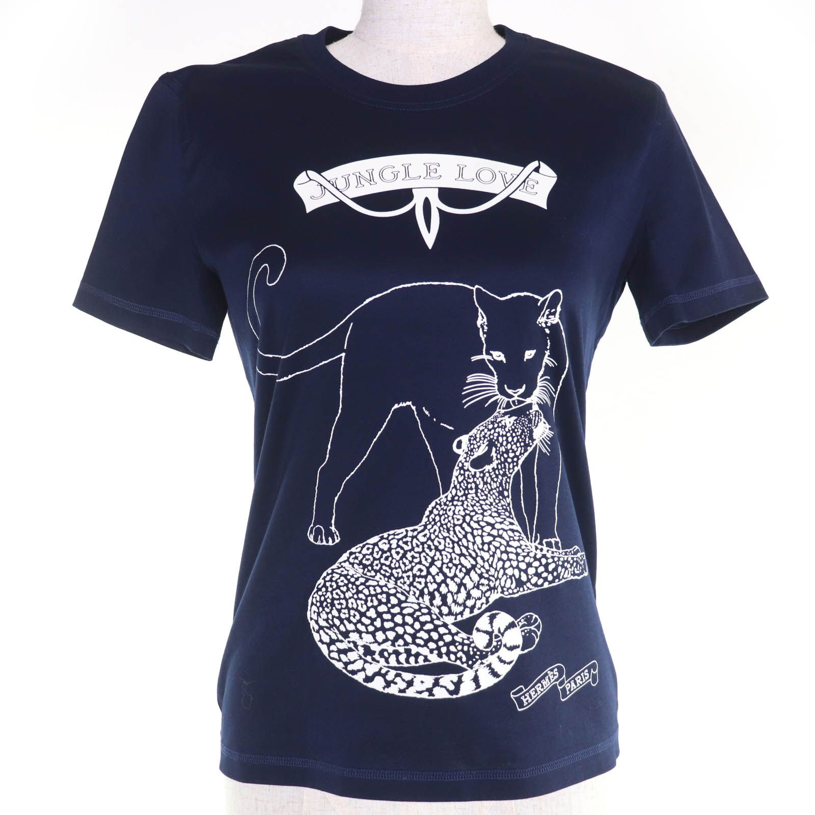 HERMES エルメス JUNGLE LOVE ジャングルラブ コットン100％ 半袖Ｔシャツ ネイビー 36 フランス製 レディース