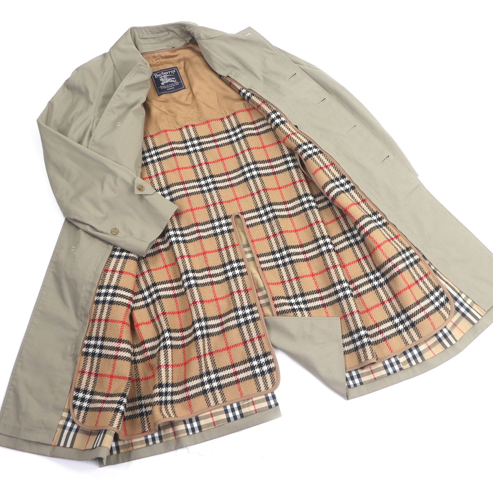 極美品□Burberrys バーバリー ヴィンテージ 裏ノバチェック ウールライナー付き ステンカラーコート カーキ Lサイズ相当 英国製 正規品 極美品□Burberrys バーバリー ヴィンテージ 裏ノバチェック柄 ウール