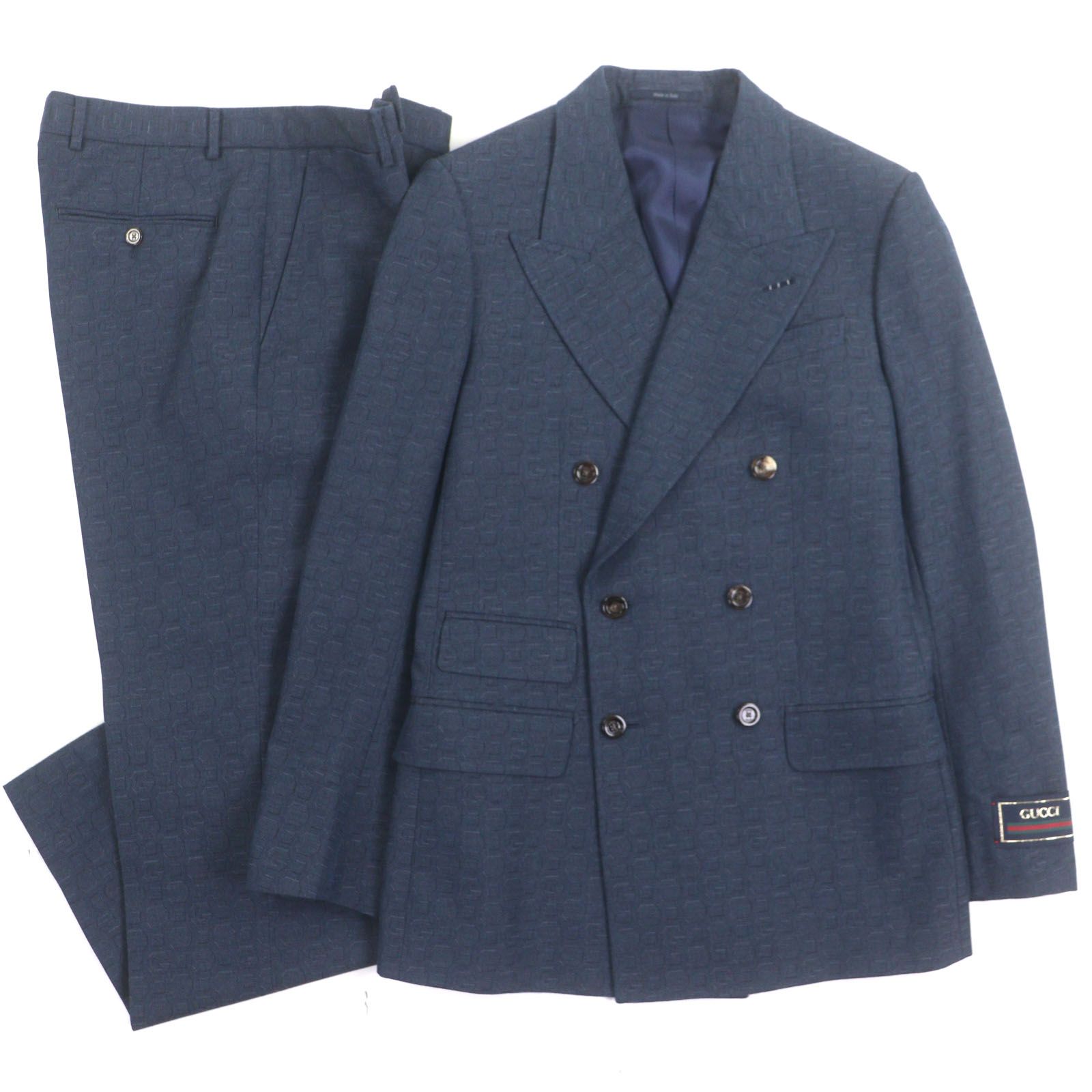 GUCCI グッチ 704187 ウール GGモチーフ ピークドラペル ダブルブレスト スーツ セットアップ ネイビー 44 ハンガー ガーメント付き イタリア製 メンズ