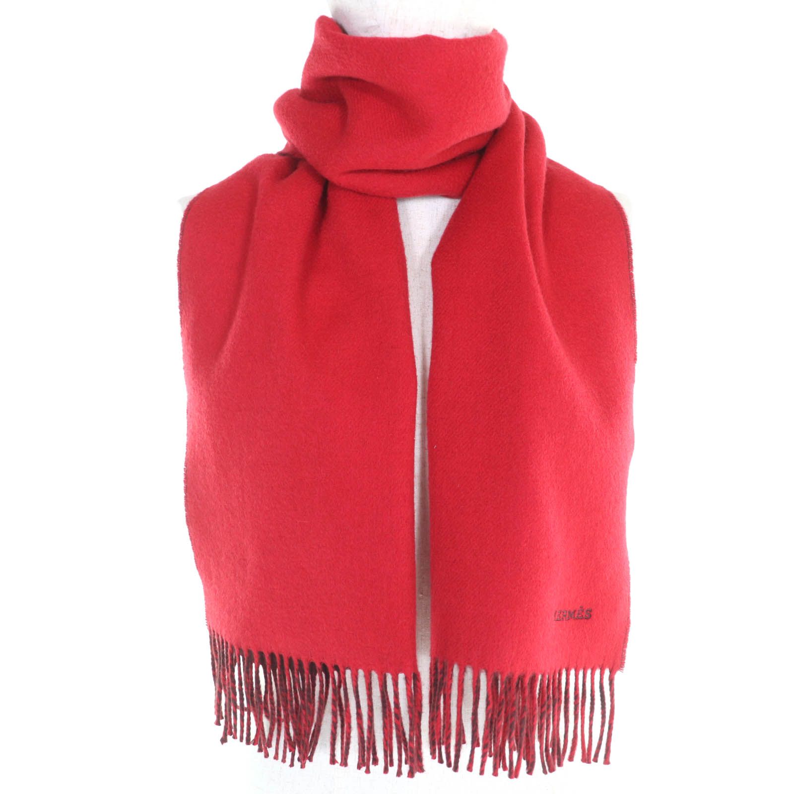 極美品◇HERMES エルメス カシミヤ 100％ ロゴ刺繍 フリンジ付き