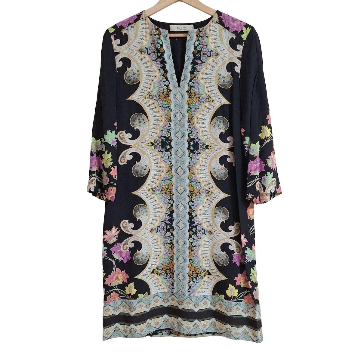 ETRO(エトロ) ワンピース サイズ42 M レディース - 黒×マルチ 七分袖