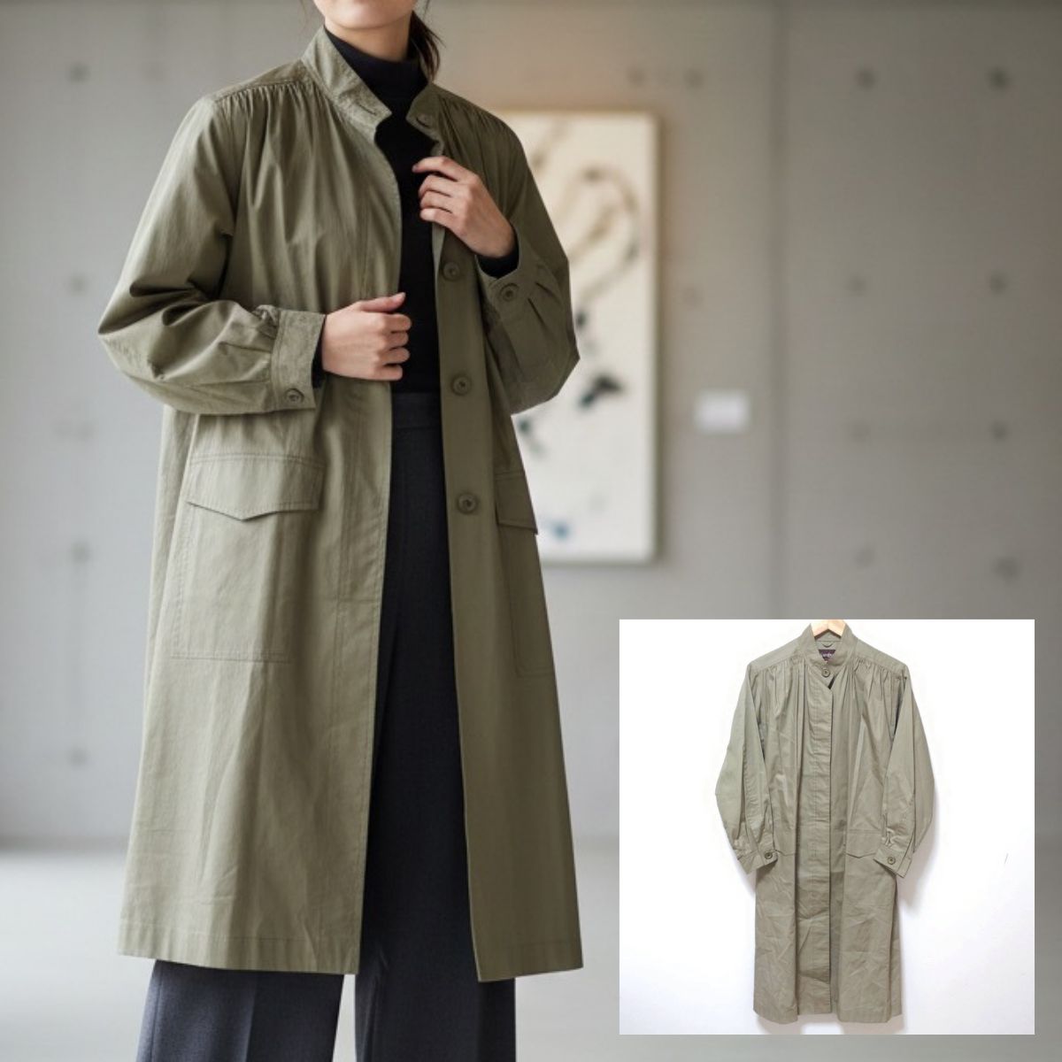 イヴサンローラン トレンチコート ベルト ロング丈 グリーン系 М相当 希少◎80s 90s オールド◎【Yves Saint Laurent】イヴサンローラン