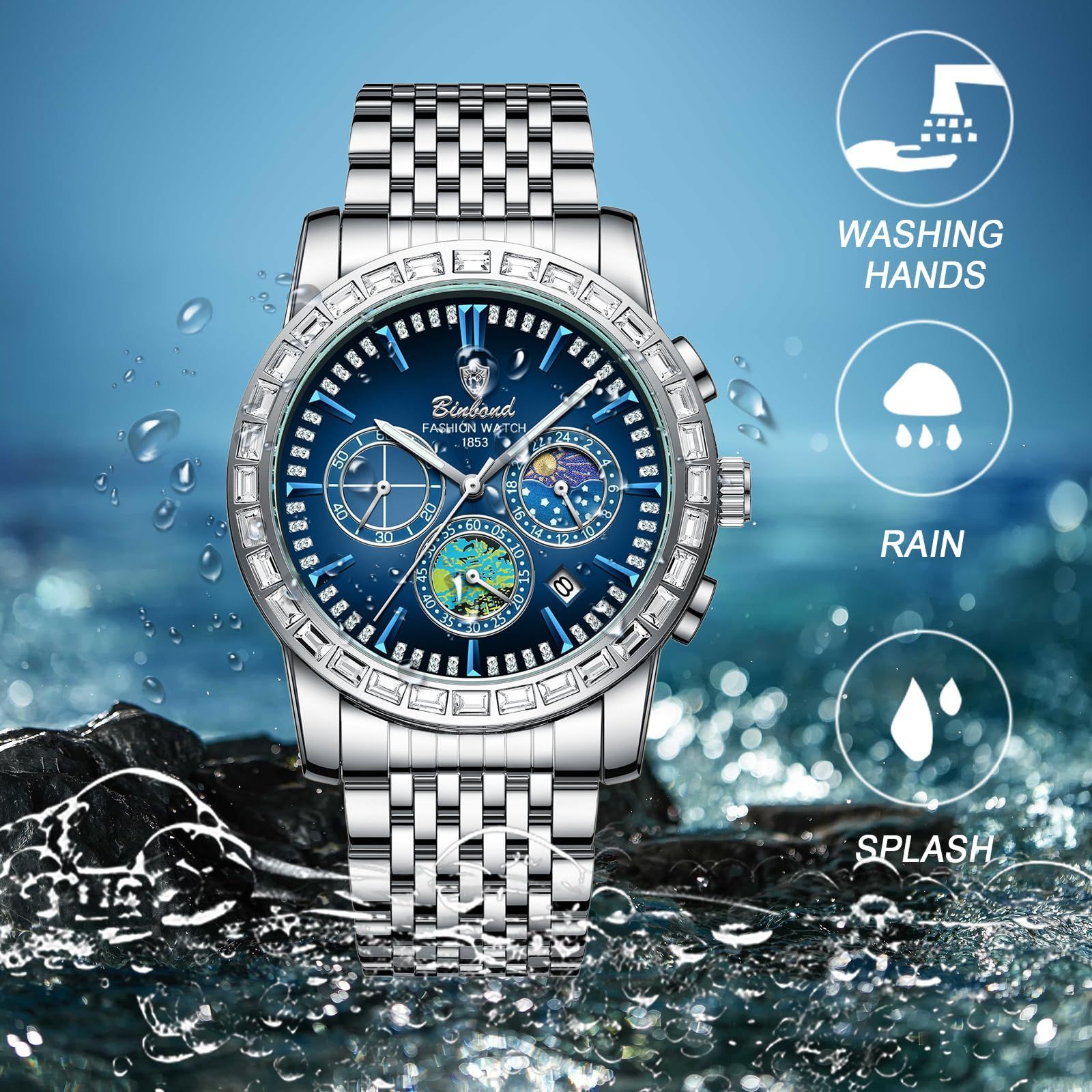 数量限定】夜光 メンズ: カレンダー機能付き 夜空 多機能 ステンレス