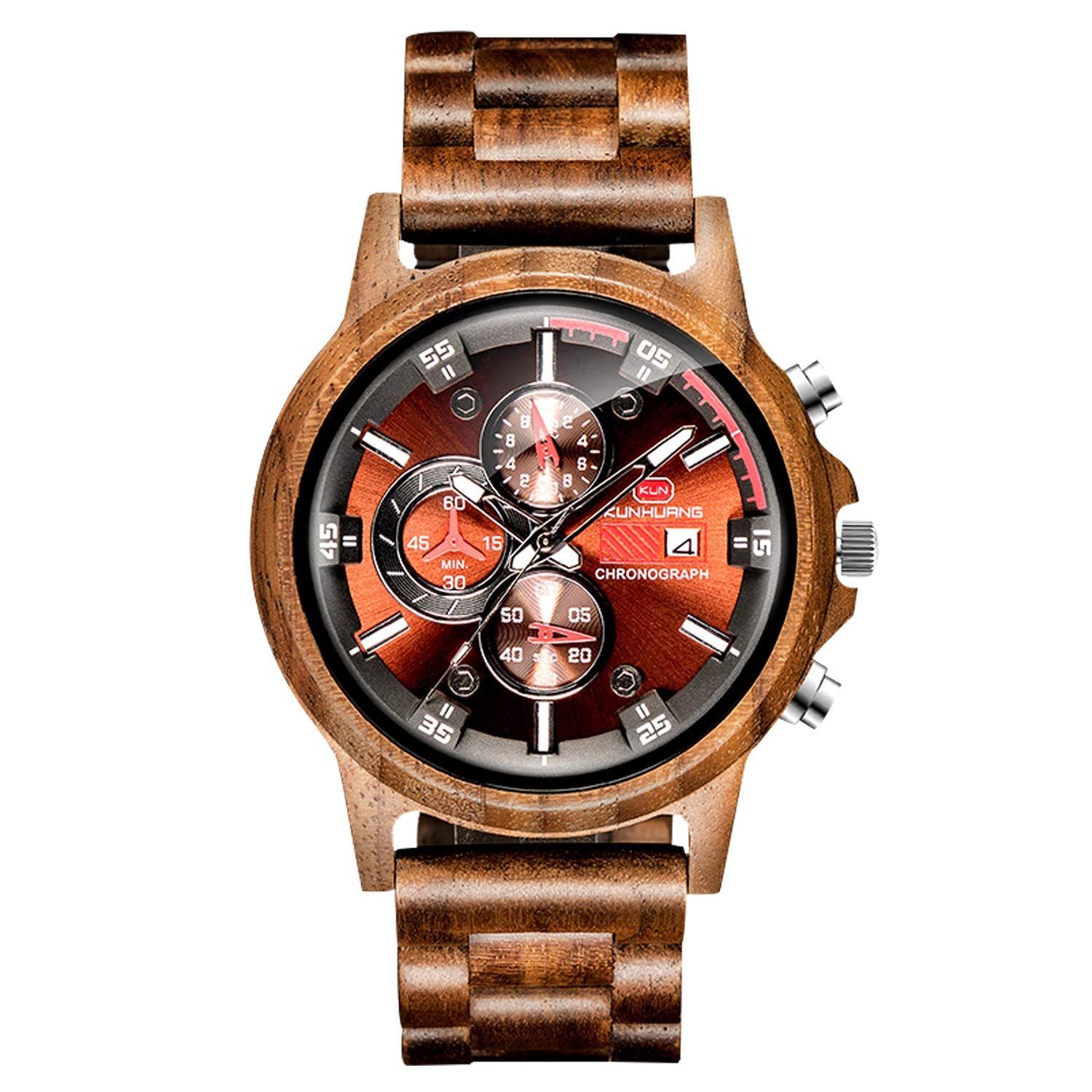 RORIOS木製腕時計 メンズ 木材軽量石英腕時計 夜光機能 アナログ表示 日付 ウッドウォッチクオーツ ファッションウォッチ 木の時計 入学祝 就職祝 watch for men