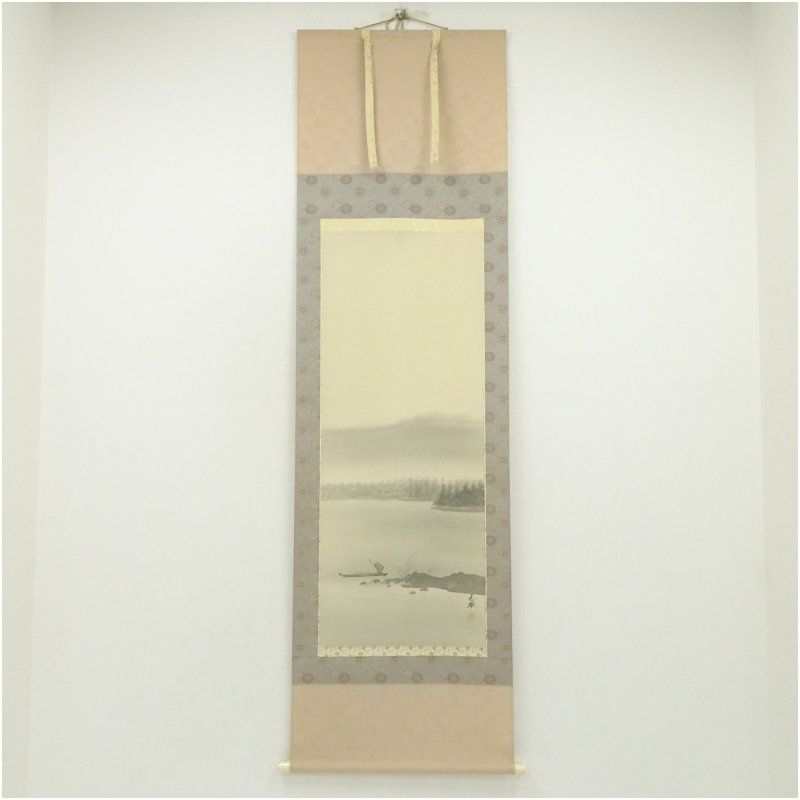 玉翠筆 淡色山水 肉筆絹本掛軸 掛け軸 床の間 書 おしゃれ 絵画 表具