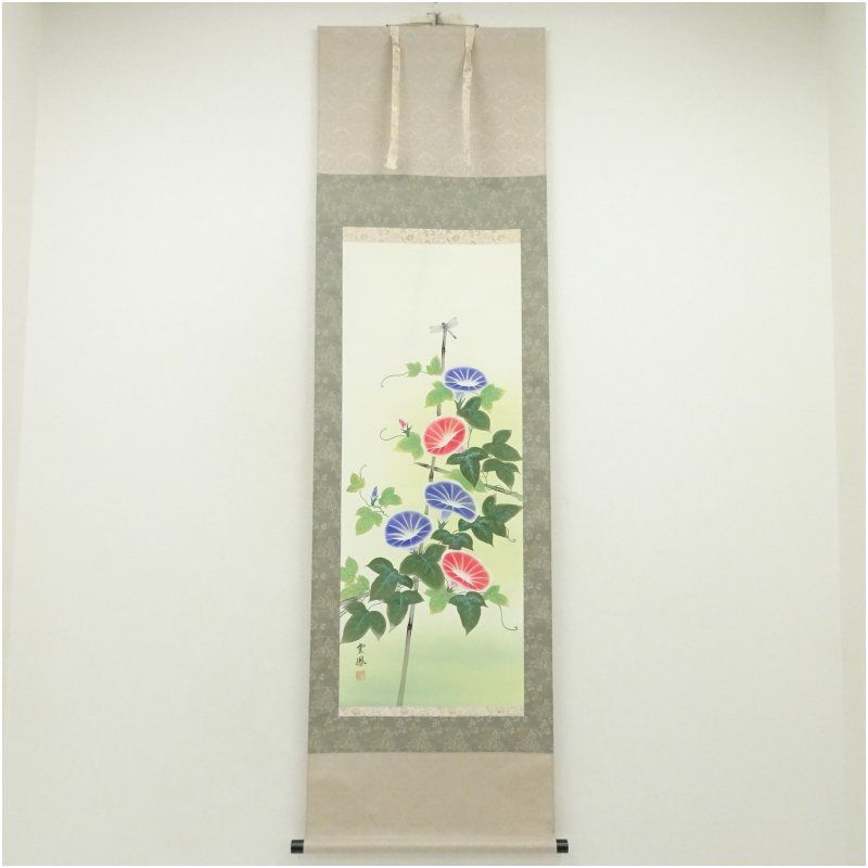 河田雲鳳筆 朝顔にとんぼ 肉筆絹本掛軸（共箱） 掛け軸 床の間 書