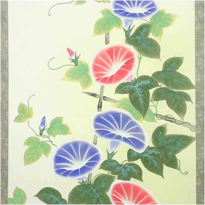 掛軸 「朝かほ」 朝顔 トンボ 古物 作者不明 銘入り 箱付き 24.6.9−1