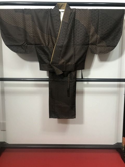 Lサイズ 小紋 化繊 こげ茶地に寄せ柄模様 二部式