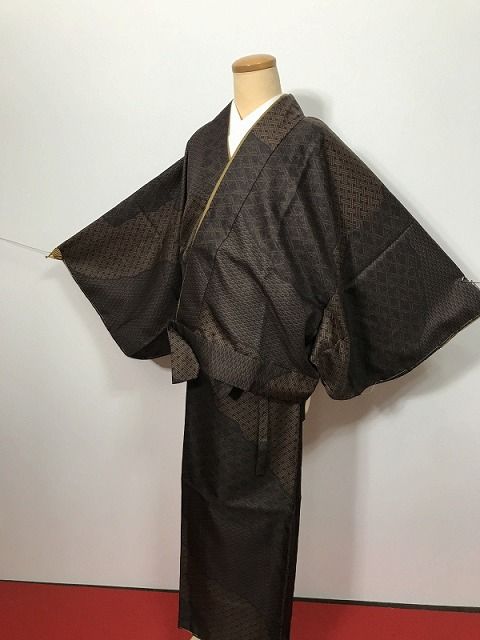 Lサイズ 小紋 化繊 こげ茶地に寄せ柄模様 二部式