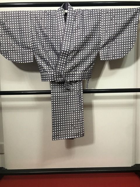 Lサイズ 小紋 化繊 灰紫地に格子模様 二部式