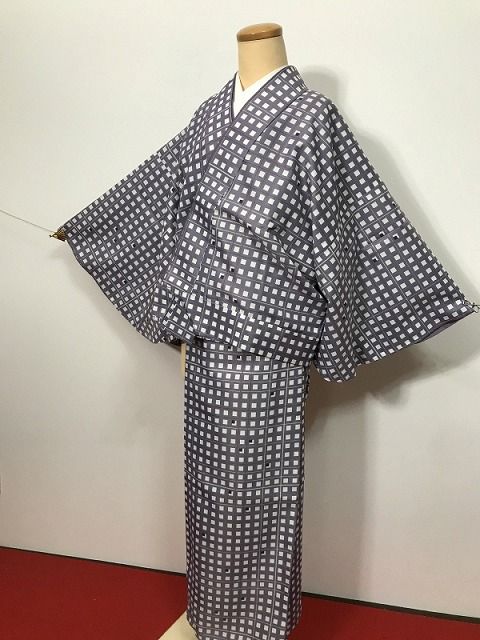 Lサイズ 小紋 化繊 灰紫地に格子模様 二部式