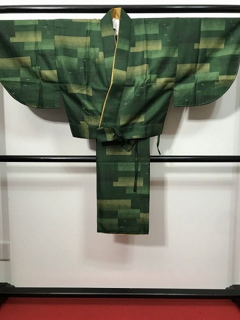 Mサイズ 小紋 化繊 グリーン地に格子模様 二部式