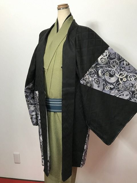 3 Lサイズ 男物 綿 羽織 グレー歯車模様 福服特製