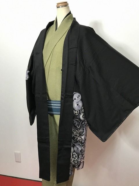 2 Lサイズ 男物 綿 羽織 グレー歯車模様 福服特製