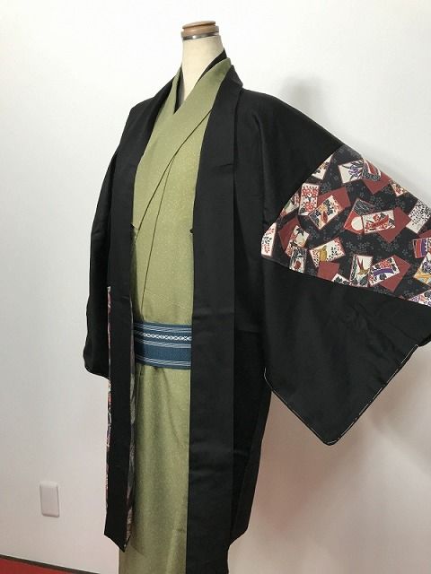 Lサイズ 男物 綿 羽織 黒地に花札模様 福服特製