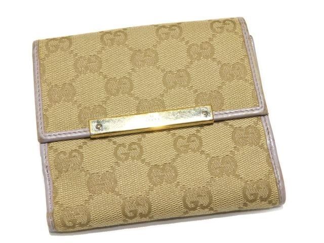 GUCCI グッチ Ｗホック 折り財布 112664 ベージュ系 ＧＧキャンバス × パープル系 レザー ゴールド金具 コンパクト 2つ折り 財布 7 K