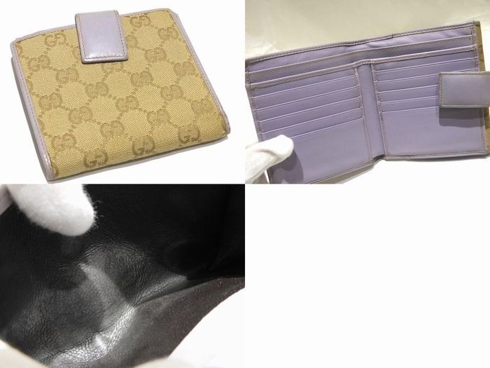 GUCCI グッチ Ｗホック 折り財布 112664 ベージュ系 ＧＧキャンバス パープル系 レザー ゴールド金具 コンパクト 2つ折り 財布 7 K