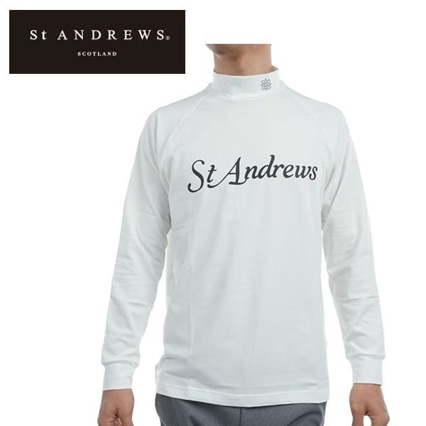 新品タグ付 St ANDREWS モックネック長袖シャツ 22年モデル ホワイト セント アンドリュース ゴルフ メンズ シャツ ベア天竺 ロゴプリント
