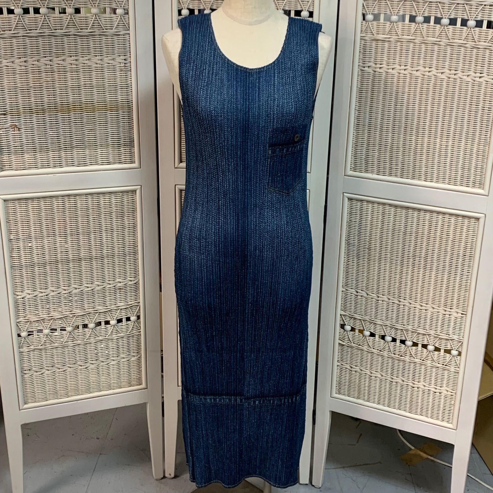 希少 プリーツプリーズ イッセイミヤケ デニム転写 ロングワンピース 2way 美品】ISSEY MIYAKE イッセイミヤケ PLEATS PLEASE プリーツプリーズ