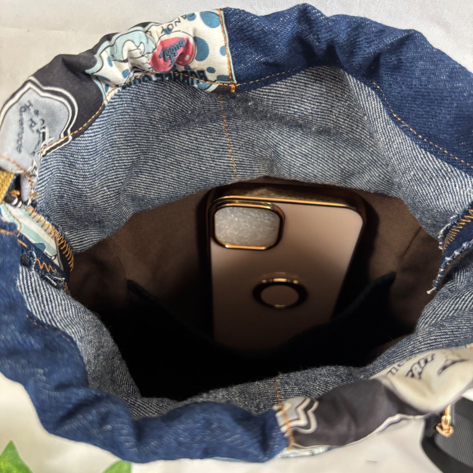 ハンドメイド デニムリメイク 巾着付きショルダーバッグ アメリカン